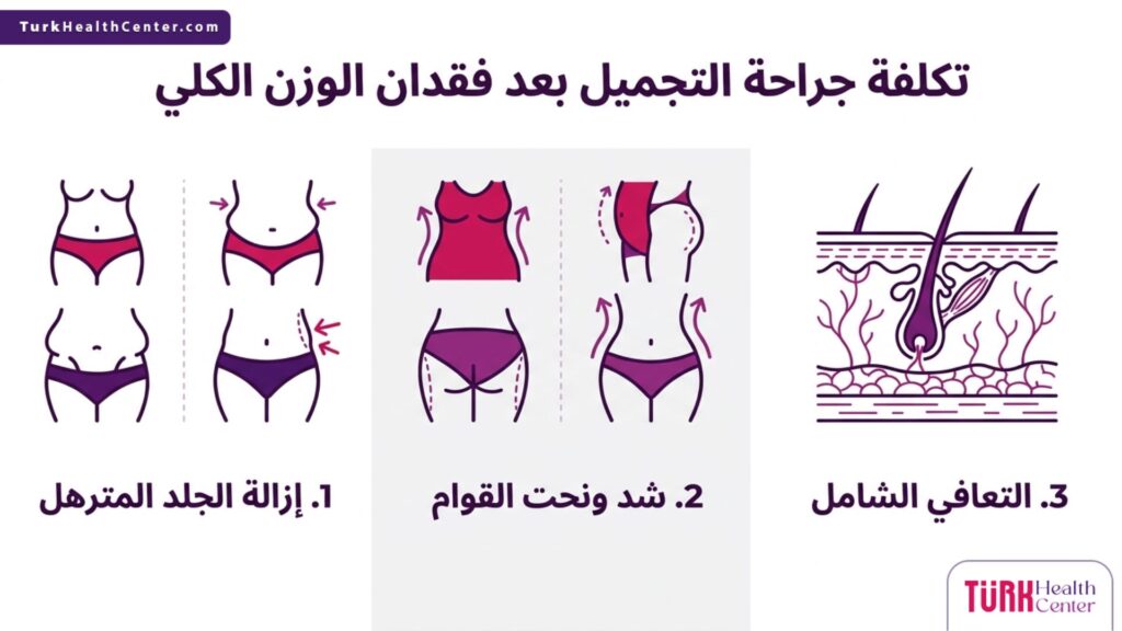 إنفوجرافيك تعليمي يستعرض الخطوات والفوائد ضمن موضوع تكلفة جراحة التجميل بعد فقدان الوزن الكلي.
