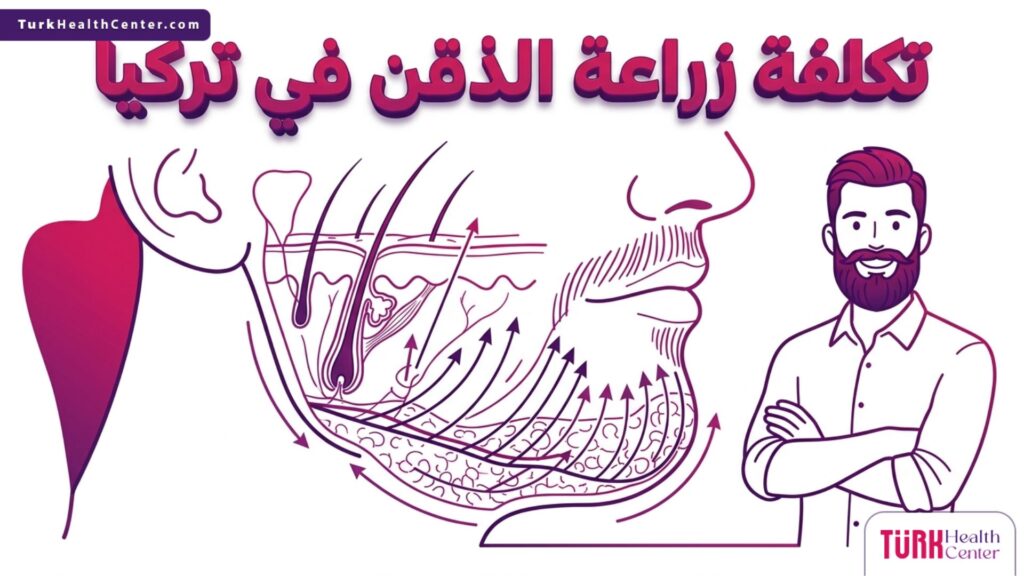 مخطط إنفوجرافيك علمي يستعرض زوايا زراعة البصيلات في الوجه المرتبطة بـ تكلفة زراعة الذقن في تركيا