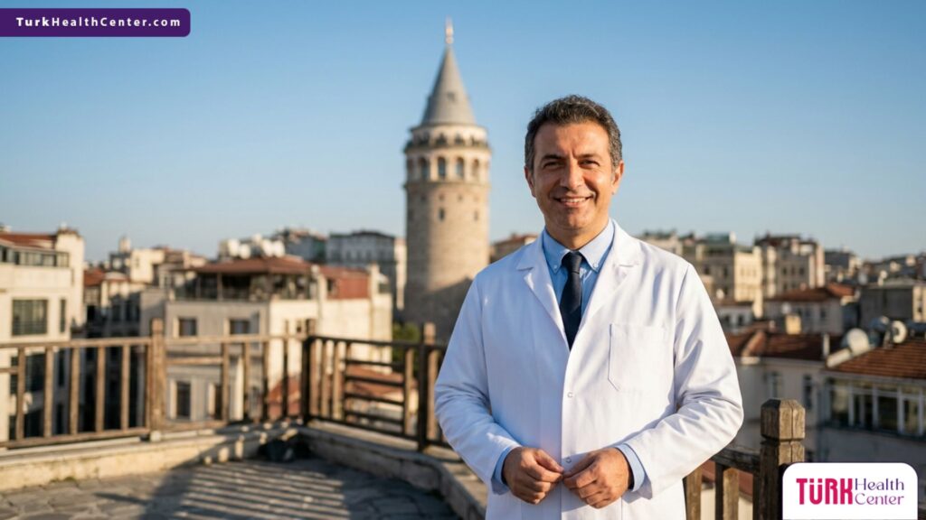 طبيب جراح متخصص يقف أمام برج غالاتا في إسطنبول لتقديم استشارات حول تكلفة زراعة الذقن في تركيا