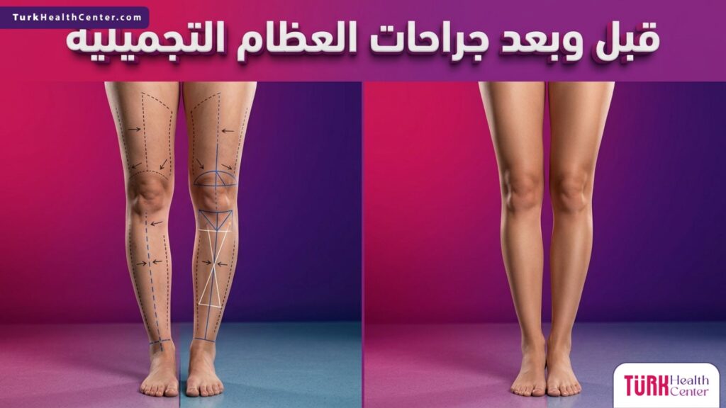 صورة مقسمة توضح حالة المريض قبل وبعد جراحات العظام التجميلية مع إظهار علامات التخطيط الجراحي والنتيجة النهائية المتناسقة.
