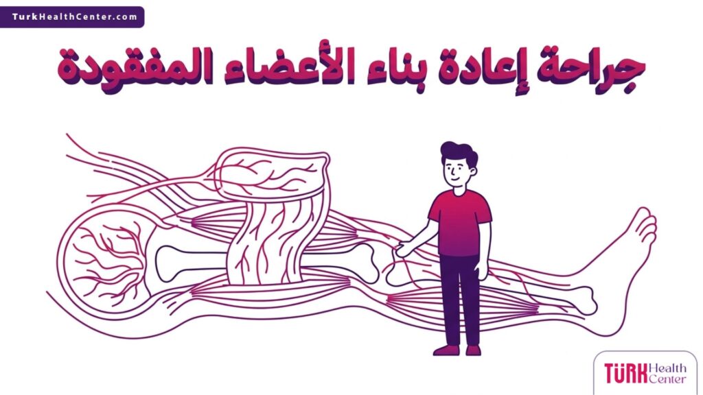 إنفوجرافيك تشريحي دقيق يوضح البنية الداخلية والأوعية الدموية الخاصة بخطوات جراحة إعادة بناء الأعضاء المفقودة.