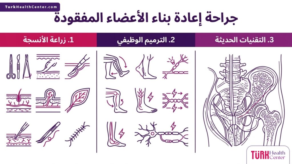 مخطط إنفوجرافيك يوضح المراحل الثلاث الأساسية لنجاح جراحة إعادة بناء الأعضاء المفقودة.