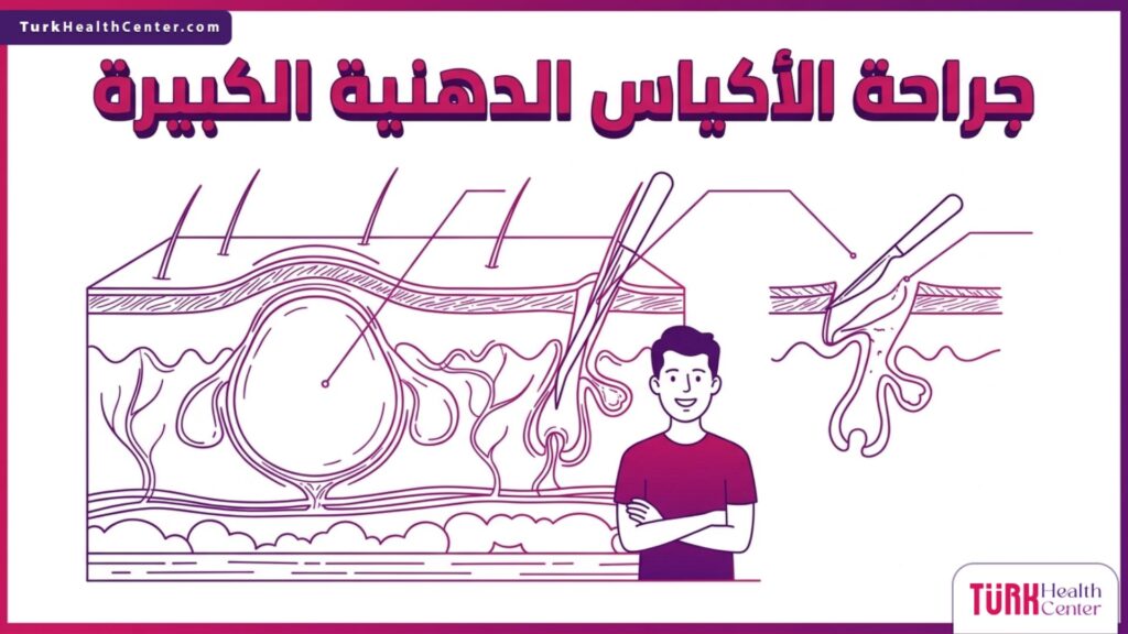 إنفوجرافيك طبي دقيق يوضح التشريح الداخلي لطبقات الجلد وتفاصيل جراحة الأكياس الدهنية الكبيرة.