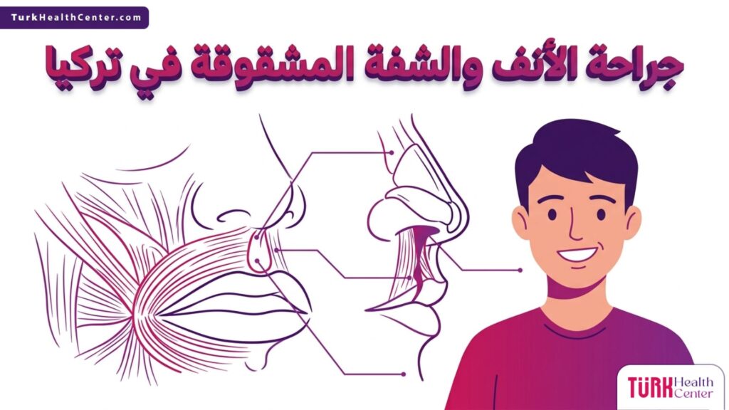 مخطط طبي تخطيطي يشرح تفاصيل ترميم الغضاريف والعضلات في جراحة الأنف والشفة المشقوقة في تركيا مع رسم لشخص متعافٍ وسعيد.