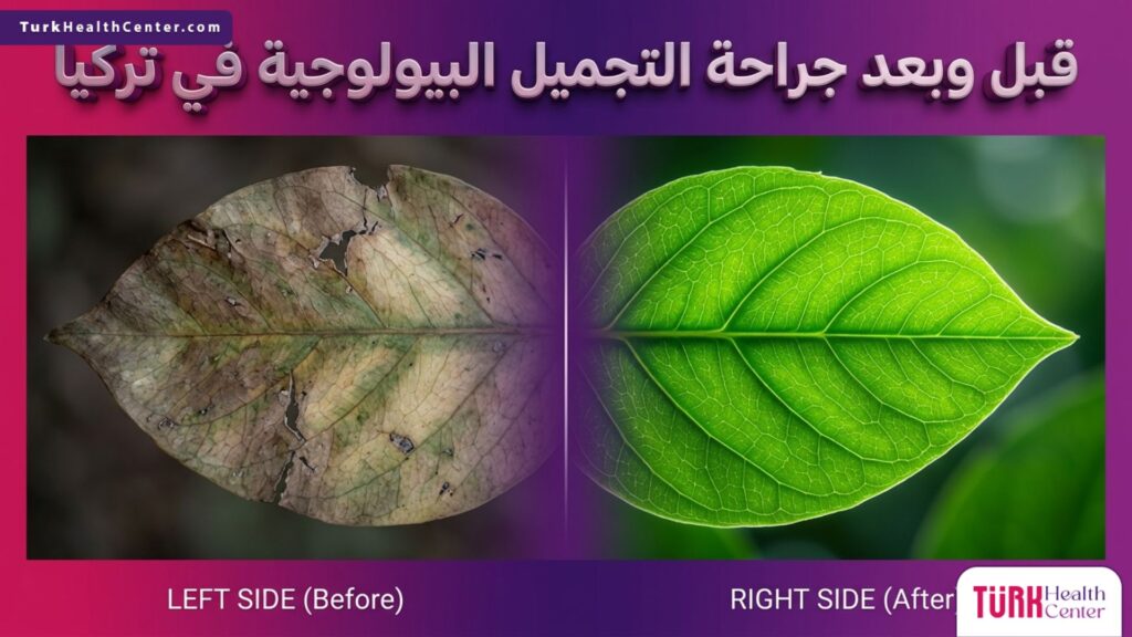 صورة مقسمة قبل وبعد تمثل التجديد الخلوي والشباب المرتبط بـ جراحة التجميل البيولوجية في تركيا باستخدام عناصر طبيعية نابضة بالحياة.