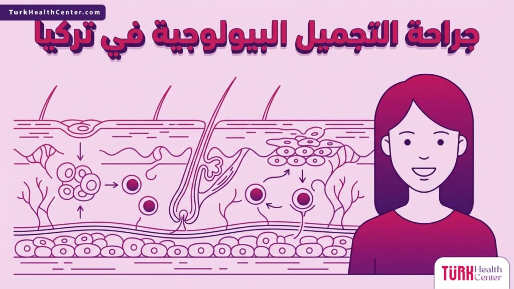 إنفوجرافيك طبي تشريحي ثلاثي الأبعاد يوضح آلية تجديد الخلايا وتفاعل الأنسجة في جراحة التجميل البيولوجية في تركيا.
