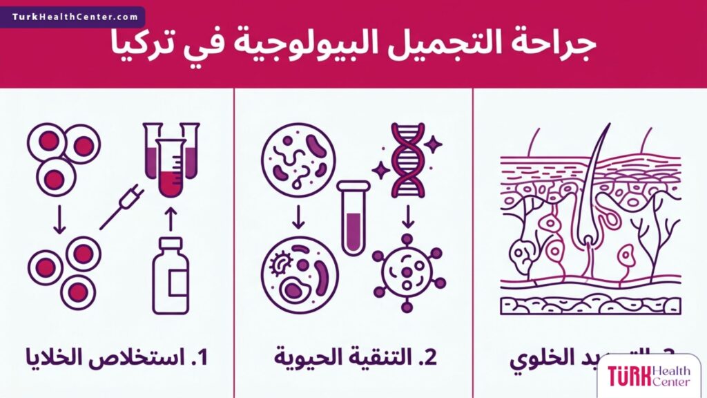رسم إنفوجرافيك طبي دقيق يشرح المراحل الثلاث الأساسية لعملية جراحة التجميل البيولوجية في تركيا.
