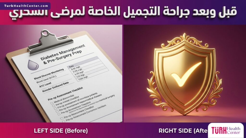 مقارنة بصرية توضح الفرق قبل وبعد جراحة التجميل الخاصة لمرضى السكري مع نص ثلاثي الأبعاد.