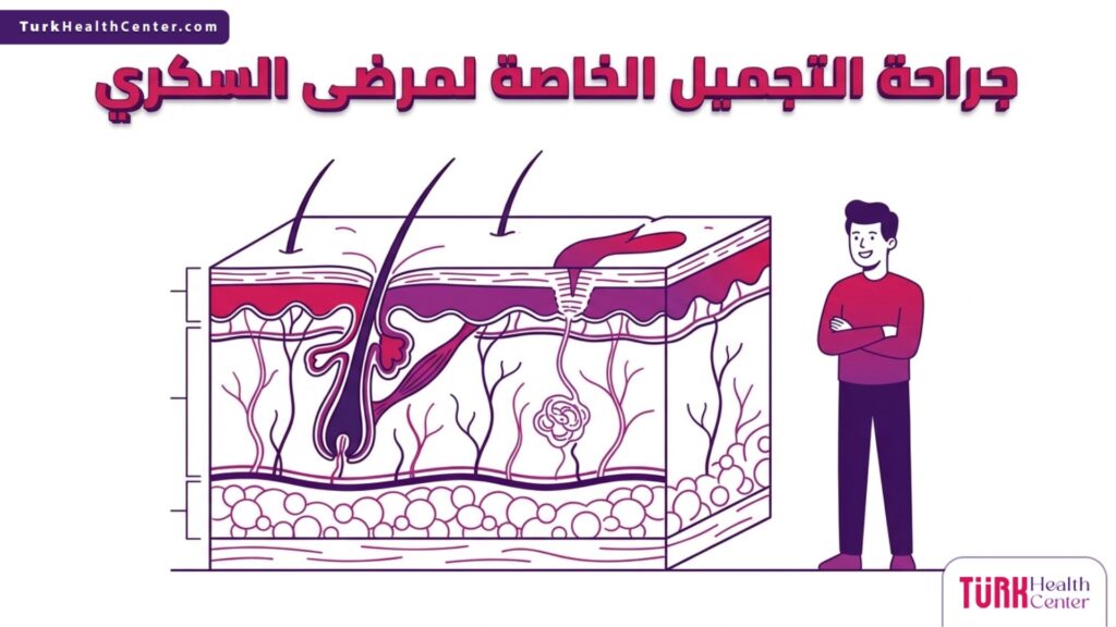 مخطط إنفوجرافيك علمي يشرح تشريح طبقات الجلد والتعافي الآمن في جراحة التجميل الخاصة لمرضى السكري.