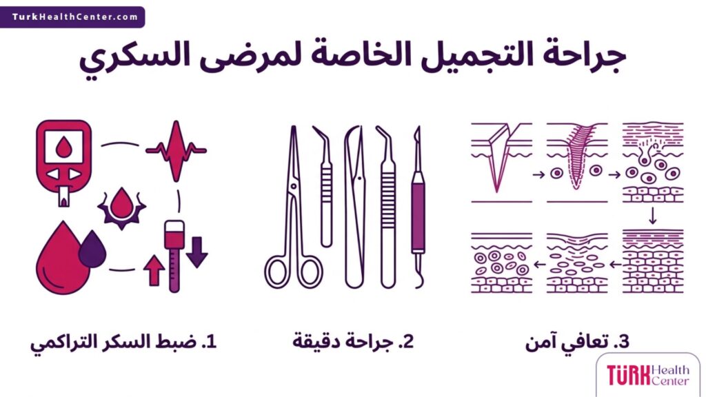 إنفوجرافيك طبي يوضح المعايير الثلاثة الأساسية لنجاح جراحة التجميل الخاصة لمرضى السكري.