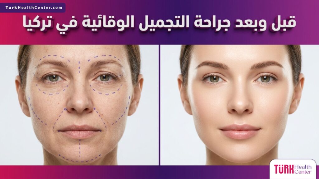 صورة مقسمة تظهر حالة الوجه قبل وبعد جراحة التجميل الوقائية في تركيا مع توضيح الخطوط الطبية والنتيجة الشابة.