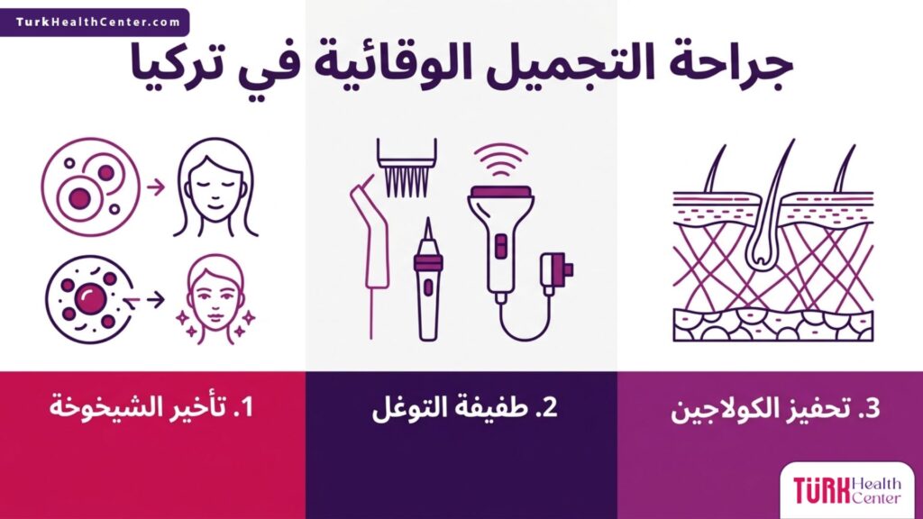 إنفوجرافيك طبي مقسم يوضح خطوات وفوائد جراحة التجميل الوقائية في تركيا من تأخير الشيخوخة وتحفيز الكولاجين.