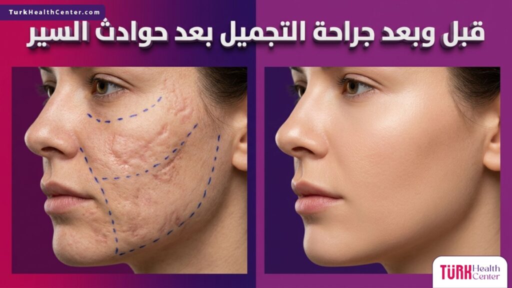 مقارنة قبل وبعد تظهر التخطيط الطبي ونتائج جراحة التجميل بعد حوادث السير مع بشرة متعافية تماماً