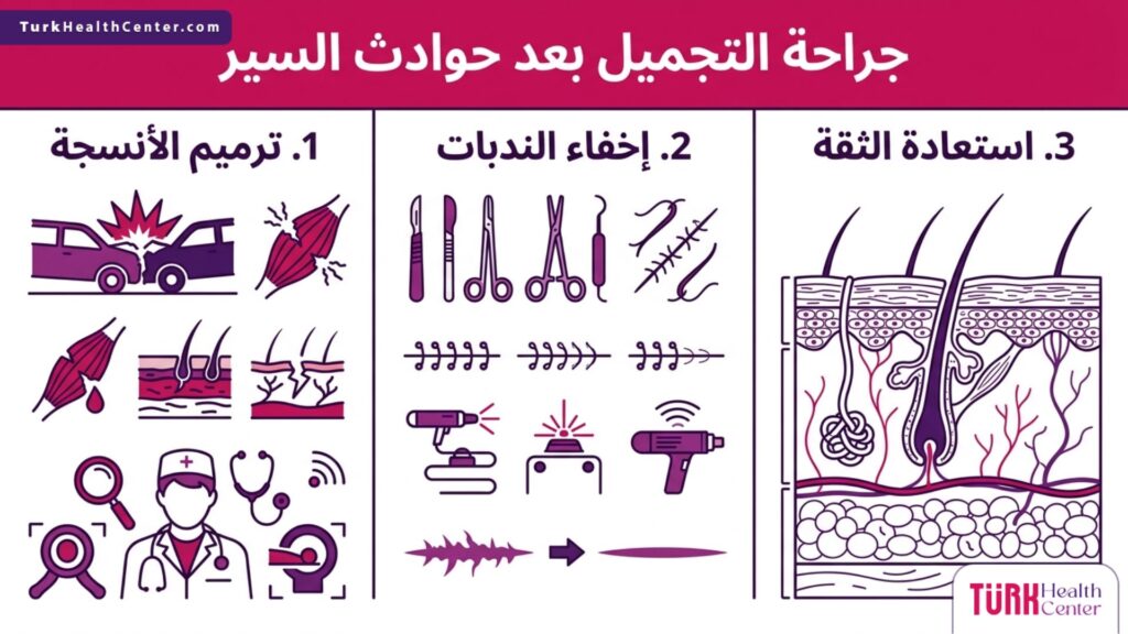 تصميم إنفوجرافيك طبي يسلط الضوء على الخطوات الثلاث الرئيسية للتعافي في جراحة التجميل بعد حوادث السير