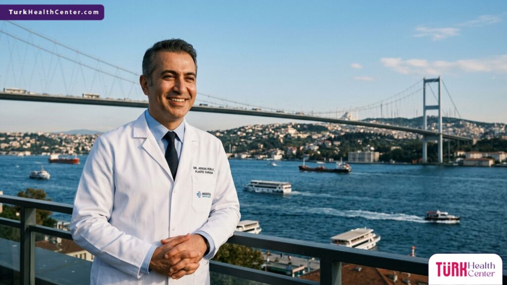 طبيب متخصص في جراحة التجميل بعد حوادث السير يقف بثقة أمام جسر البوسفور في إسطنبول تركيا