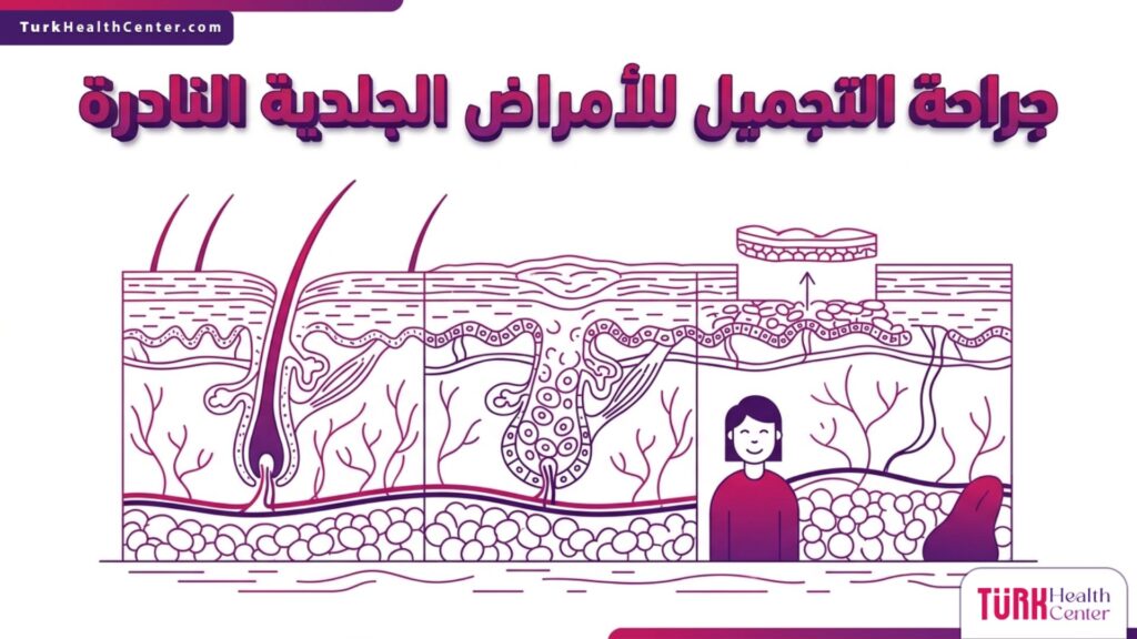 إنفوجرافيك تشريحي دقيق يوضح طبقات الجلد وعملية الترميم في جراحة التجميل للأمراض الجلدية النادرة