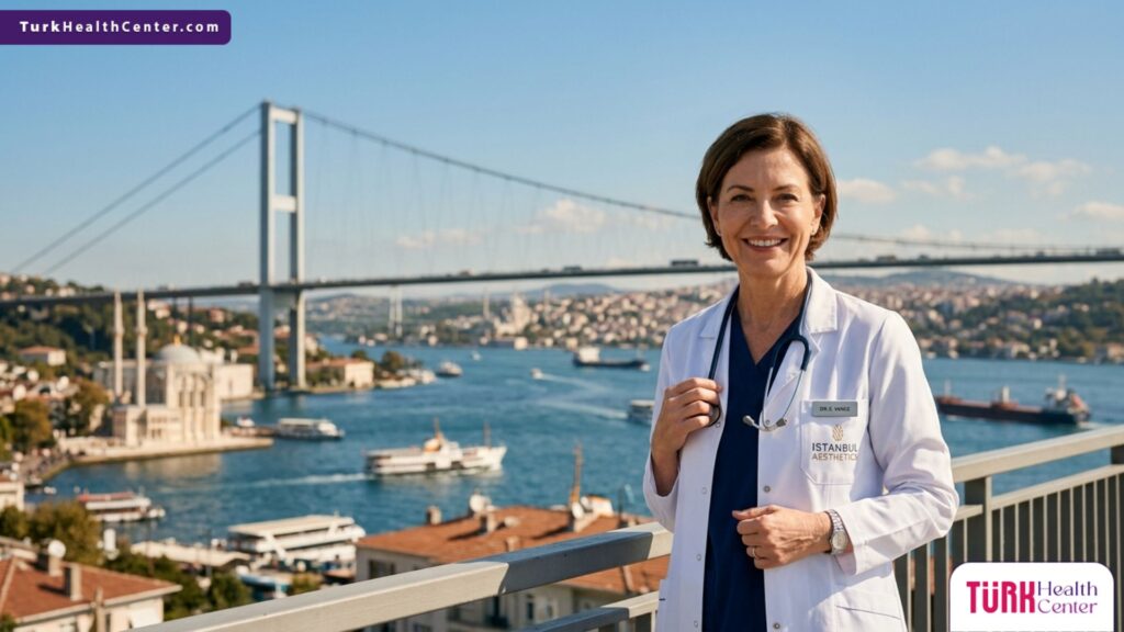 طبيب تجميل متخصص في جراحة التجميل للأمراض الجلدية النادرة يقف بثقة أمام جسر البوسفور في إسطنبول تركيا
