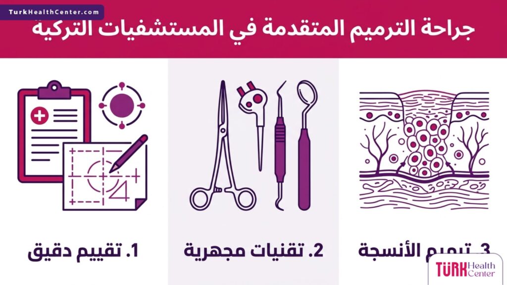 تصميم إنفوجرافيك علمي يلخص خطوات ومراحل جراحة الترميم المتقدمة في المستشفيات التركية بثلاث خطوات أساسية.