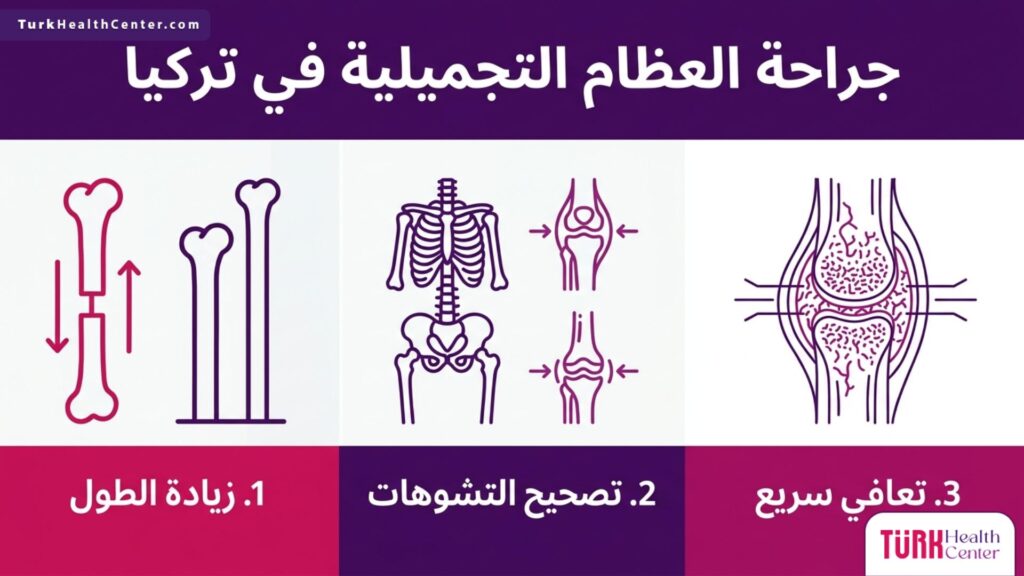 مخطط توضيحي يلخص أهم ثلاث مراحل وفوائد عند إجراء جراحة العظام التجميلية في تركيا.