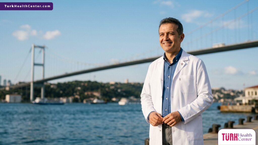 جراح عظام متخصص يقف بثقة أمام جسر البوسفور في إسطنبول لتمثيل الريادة في جراحة العظام التجميلية في تركيا.