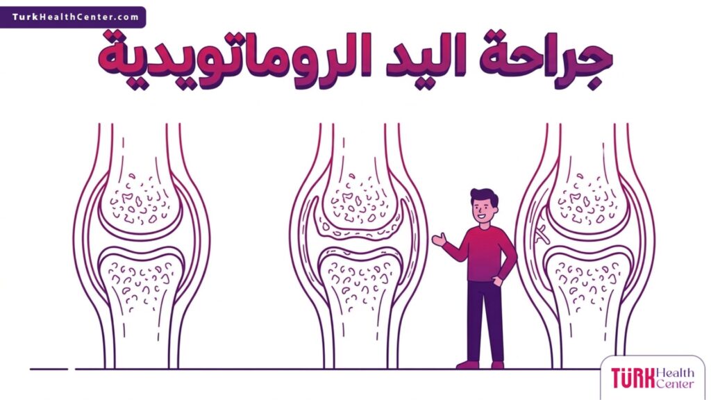 رسم بياني طبي يوضح التشريح الداخلي للمفاصل وكيفية عمل جراحة اليد الروماتويدية.