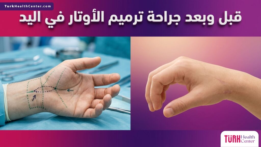 صورة مقسمة توضح حالة اليد قبل وبعد جراحة ترميم الأوتار في اليد مع خطوط طبية توجيهية ونتائج الشفاء التام.