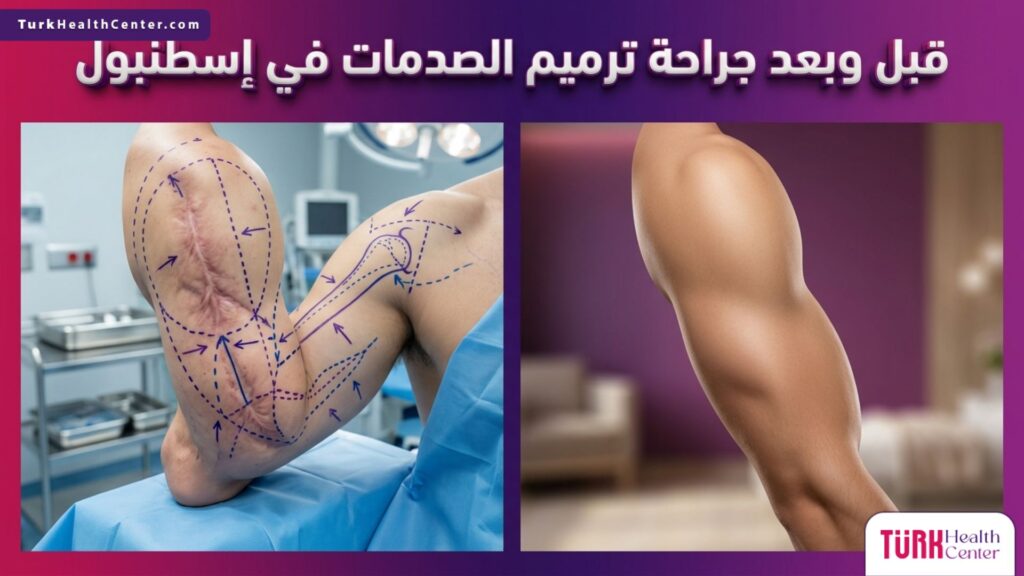 صورة مقسمة تظهر حالة المريض والخطوط الطبية الإرشادية قبل وبعد جراحة ترميم الصدمات في إسطنبول لتوضيح النتائج المثالية للتعافي.