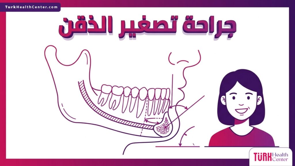 إنفوجرافيك طبي يوضح التركيب التشريحي وعظام الفك وكيفية إجراء جراحة تصغير الذقن.