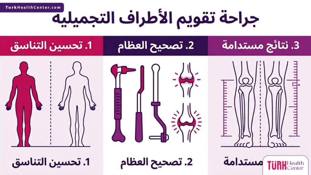 تصميم إنفوجرافيك يبرز الخطوات والفوائد الرئيسية لعملية جراحة تقويم الأطراف التجميلية.
