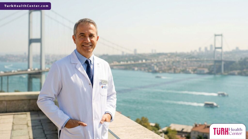 طبيب خبير في جراحة تقويم الأطراف التجميلية يقف بثقة ومظهر احترافي أمام جسر البوسفور في إسطنبول.