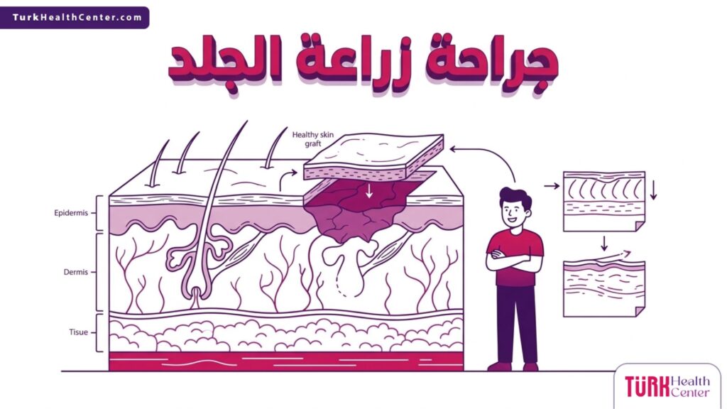 رسم إنفوجرافيك تشريحي دقيق يوضح طبقات البشرة والآلية العلمية لنجاح جراحة زراعة الجلد.