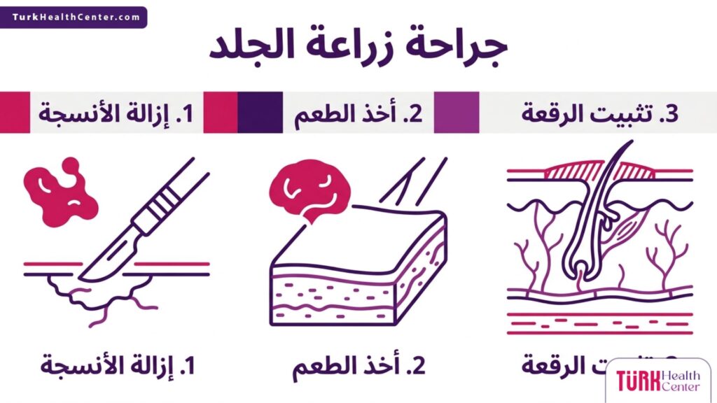 إنفوجرافيك طبي مقسم يوضح المراحل الثلاث الأساسية لإجراء جراحة زراعة الجلد بشكل مبسط.