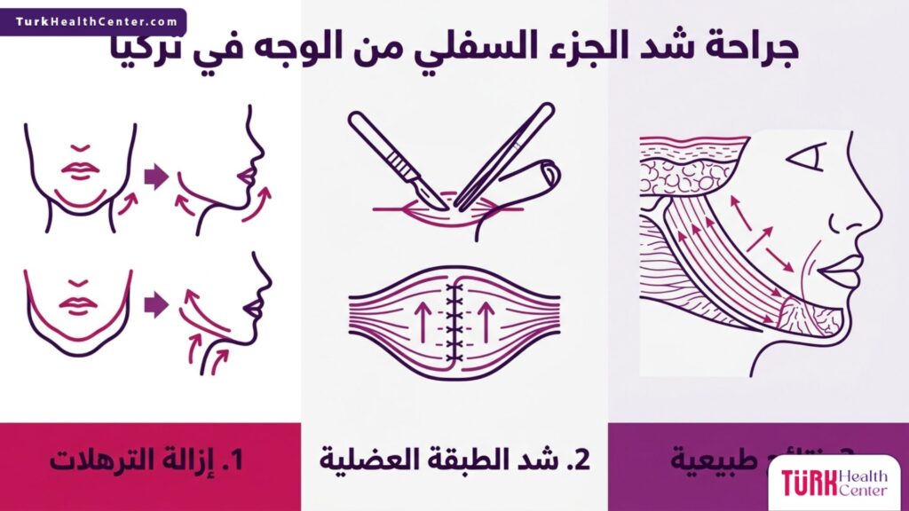 مخطط إنفوجرافيك طبي يشرح خطوات وفوائد جراحة شد الجزء السفلي من الوجه في تركيا.