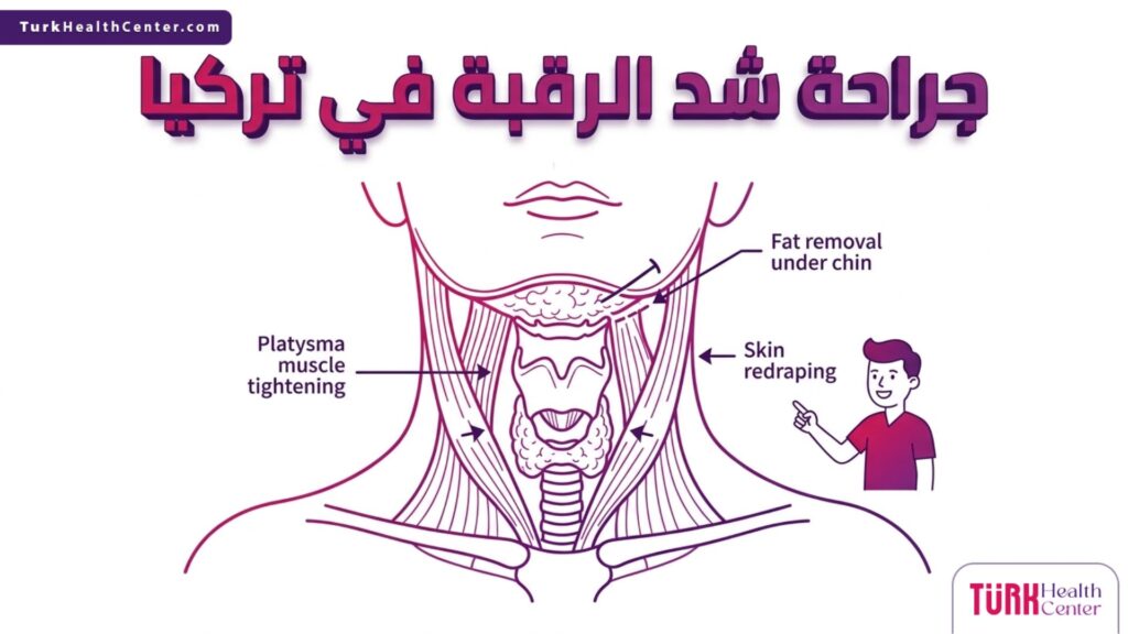 إنفوجرافيك تشريحي يوضح التركيب الداخلي وآلية عمل جراحة شد الرقبة في تركيا