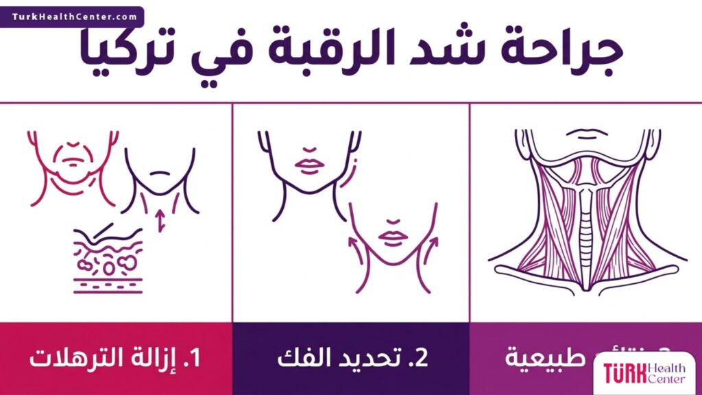 إنفوجرافيك علمي يوضح خطوات ومزايا جراحة شد الرقبة في تركيا