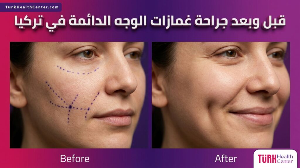 صورة واقعية مقارنة قبل وبعد جراحة غمازات الوجه الدائمة في تركيا، تظهر التخطيط الطبي الدقيق والنتيجة النهائية للابتسامة الجذابة.