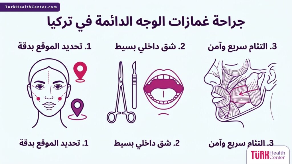 إنفوجرافيك طبي مقسم إلى ثلاث مراحل يشرح خطوات جراحة غمازات الوجه الدائمة في تركيا بأيقونات علمية نظيفة.