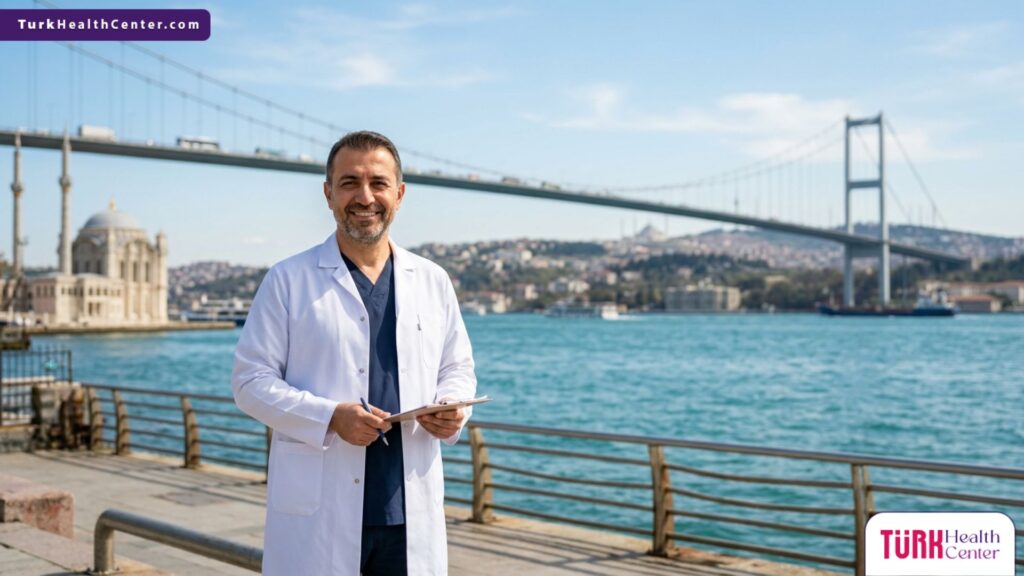 طبيب متخصص في علاج جيوب اللثة في تركيا يقف أمام جسر البوسفور في اسطنبول
