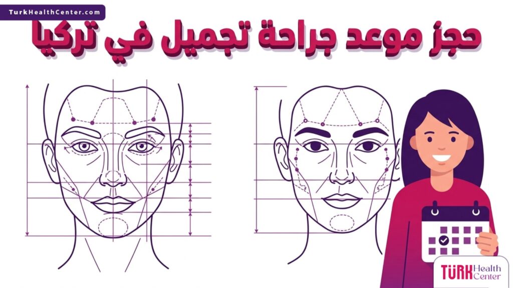 إنفوجرافيك تشريحي يوضح تخطيط الوجه والإجراءات الطبية المتبعة عند حجز موعد جراحة تجميل في تركيا