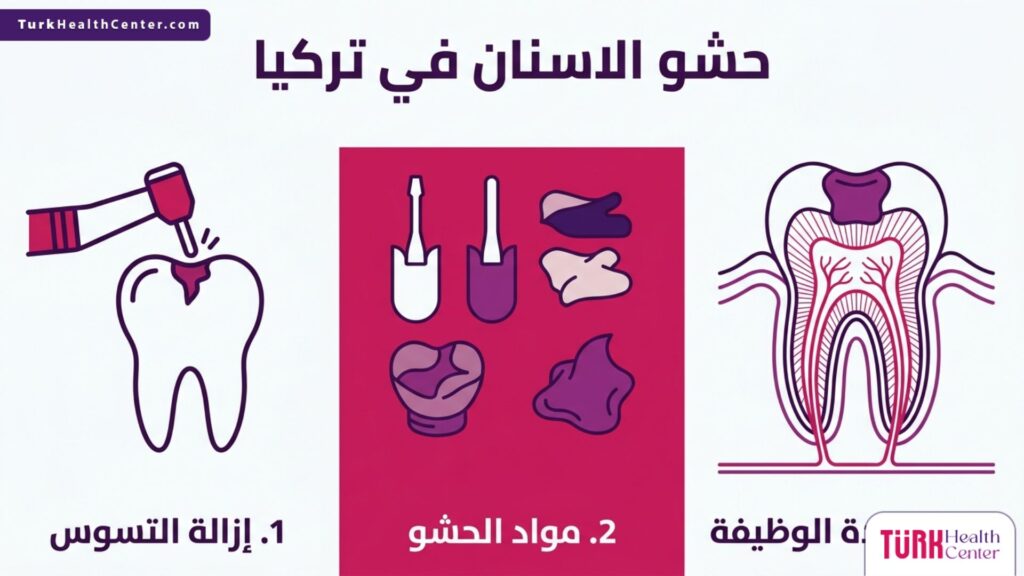 إنفوجرافيك طبي متقدم يستعرض الخطوات والمواد المستخدمة في حشو الاسنان في تركيا.