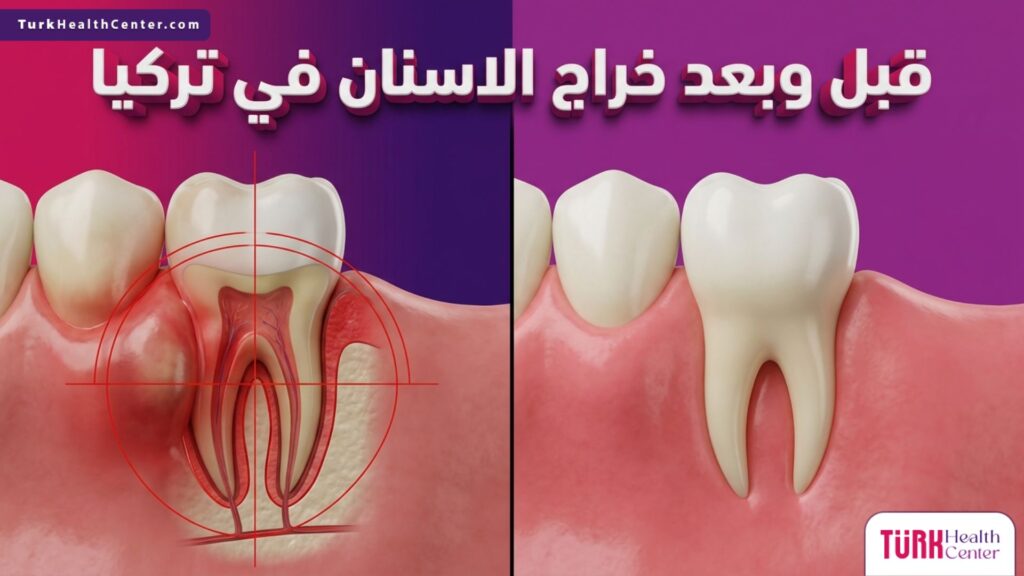 صورة مقارنة قبل وبعد علاج خراج الاسنان في تركيا توضح تعافي جذر السن.