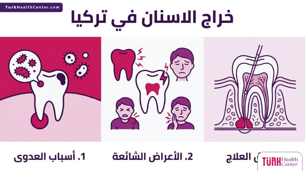 إنفوجرافيك علمي يشرح أسباب وأعراض وطرق علاج خراج الاسنان في تركيا.