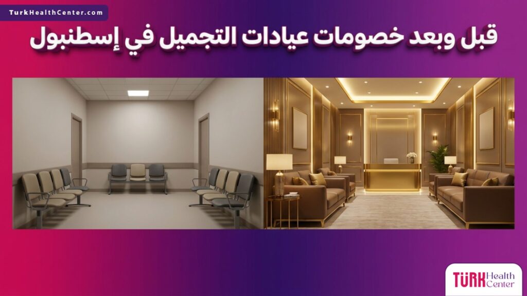 صورة مقسمة تظهر الفرق بين العيادات العادية وتجربة الـ VIP عند الاستفادة من خصومات عيادات التجميل في إسطنبول.