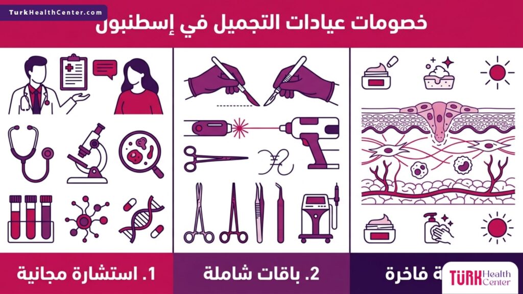 رسم بياني يوضح خطوات الاستفادة من خصومات عيادات التجميل في إسطنبول من الاستشارة إلى الرعاية الفاخرة.
