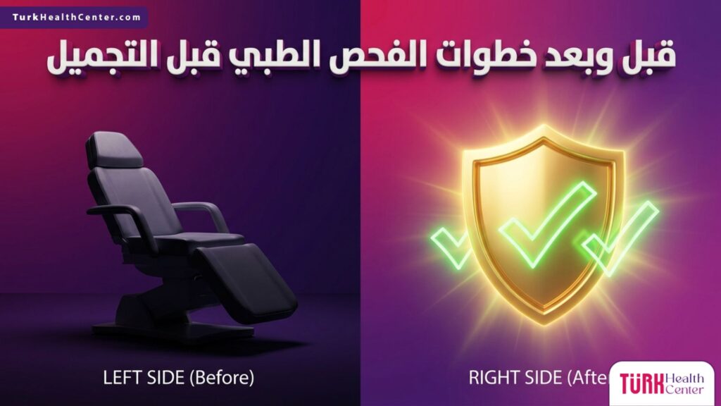 صورة مقسمة توضح أهمية الاستعداد عبر خطوات الفحص الطبي قبل التجميل للحصول على الموافقة الصحية الآمنة