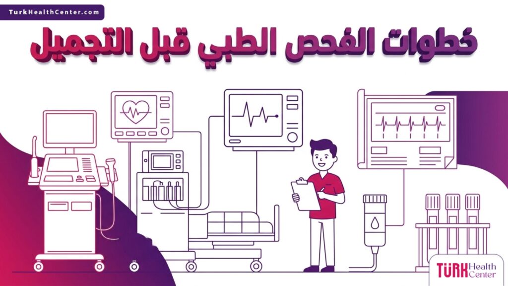 إنفوجرافيك طبي دقيق يوضح الأدوات والمعدات المستخدمة في خطوات الفحص الطبي قبل التجميل