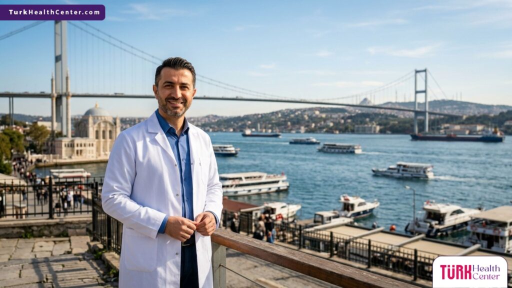 طبيب تجميل متخصص يقف بثقة أمام جسر البوسفور في إسطنبول للإشراف على خطوات الفحص الطبي قبل التجميل