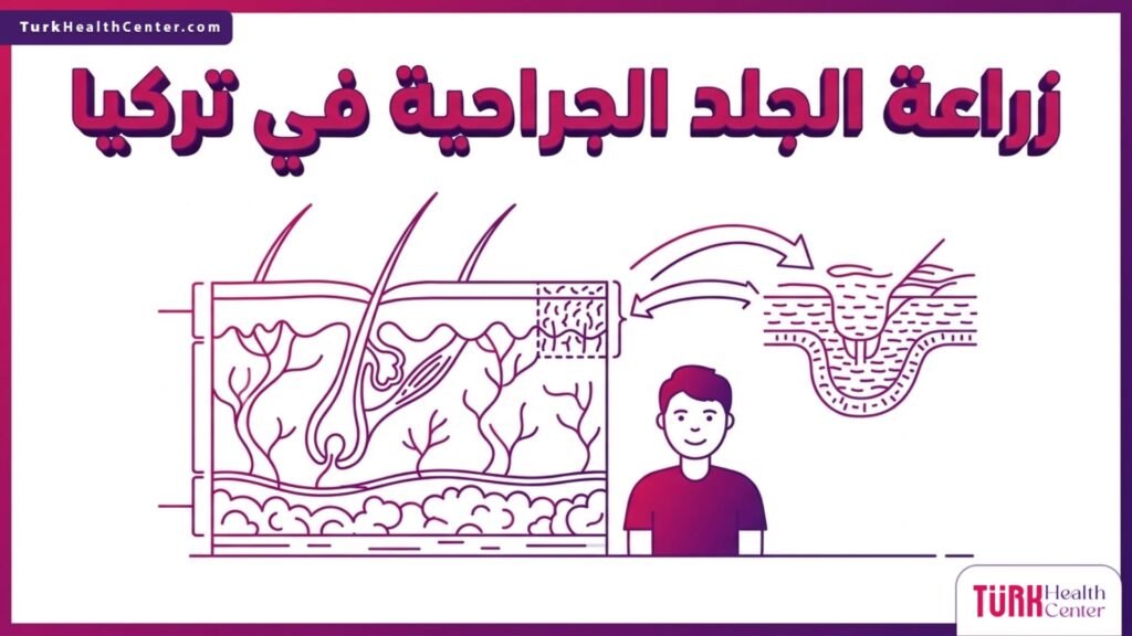 إنفوجرافيك طبي دقيق يوضح طبقات البشرة وعملية زراعة الجلد الجراحية في تركيا بأسلوب المتجهات.