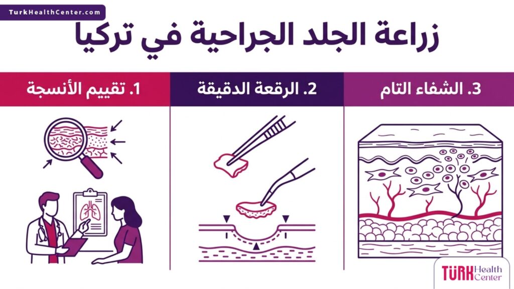 إنفوجرافيك بثلاثة أعمدة يشرح مراحل زراعة الجلد الجراحية في تركيا من التقييم إلى الشفاء.