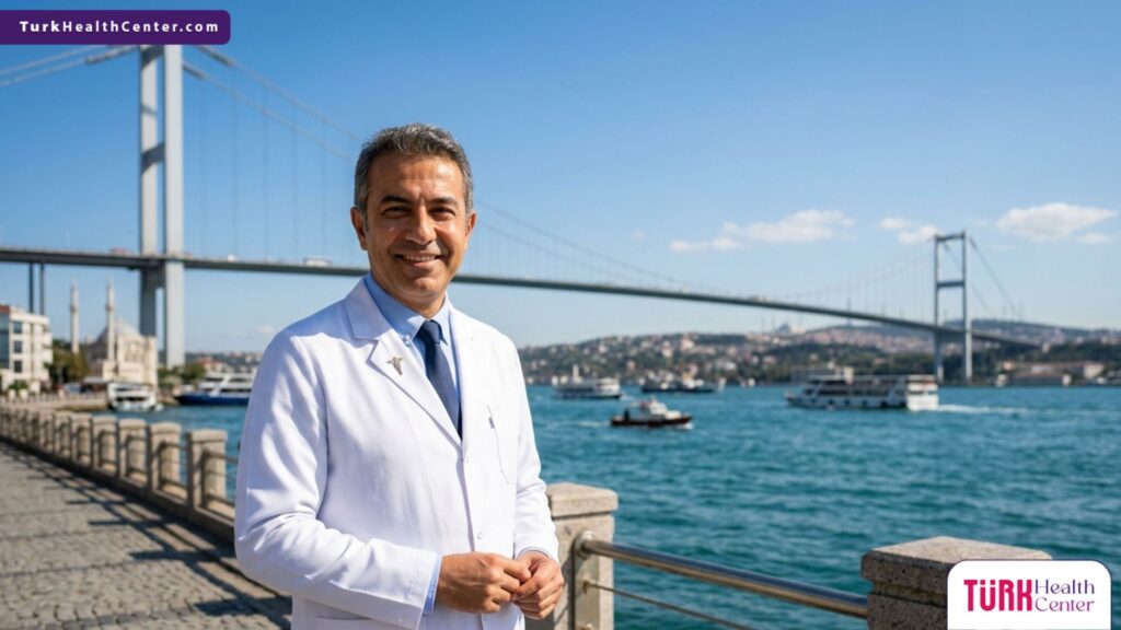 طبيب جراحة تجميلية يقف بثقة أمام جسر البوسفور، لتمثيل ريادة زراعة الجلد الجراحية في تركيا.